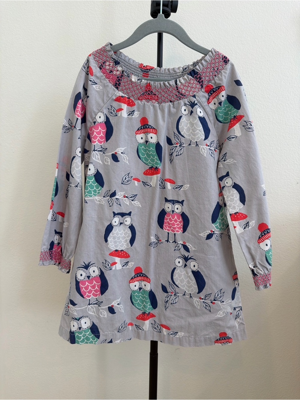 Mini Boden Gray Owl Print Long-Sleeve Dress with Pink & Green Accents